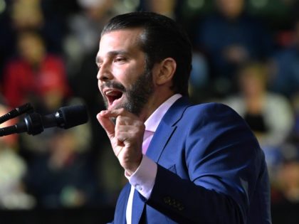 Donald Trump Jr. speaks during a rally before US President Donald Trump addresses the audi