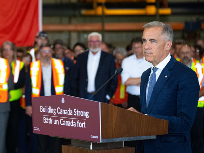Mark Carney, Canada's prime minister, during a news conference at the Walters Group steel